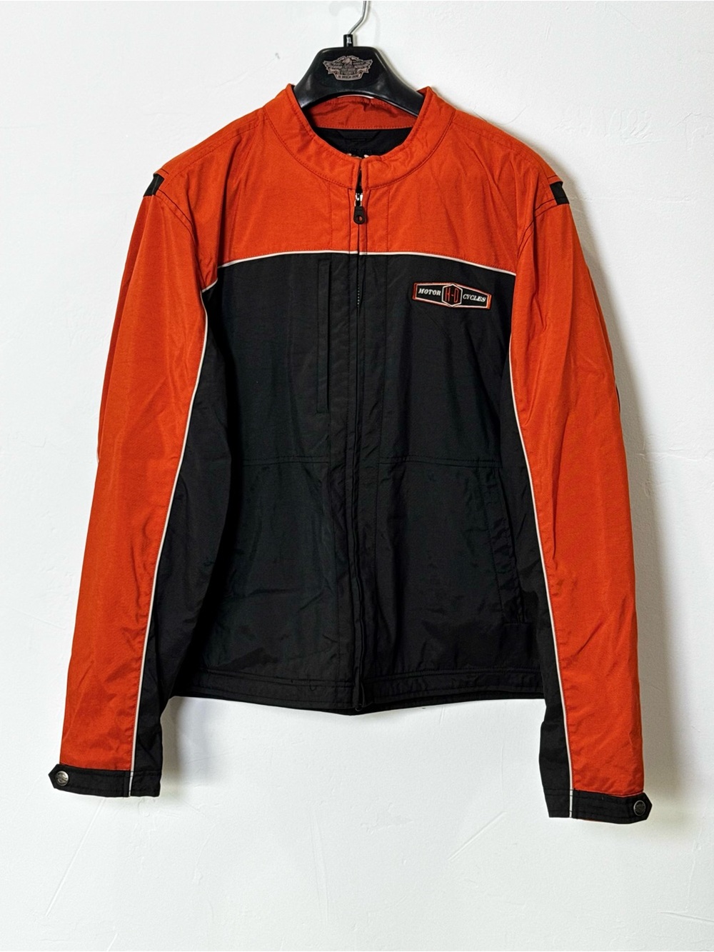 VTG Harley Davidson Motorcycles Colorblock Black Orange Biker Jacket Mens XL